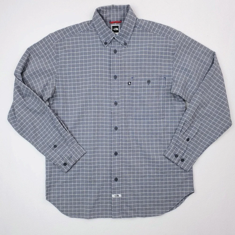 North Face Shirt Mens Medium Gray Blue Plaid Button Down Stretch Outdoor Pocket